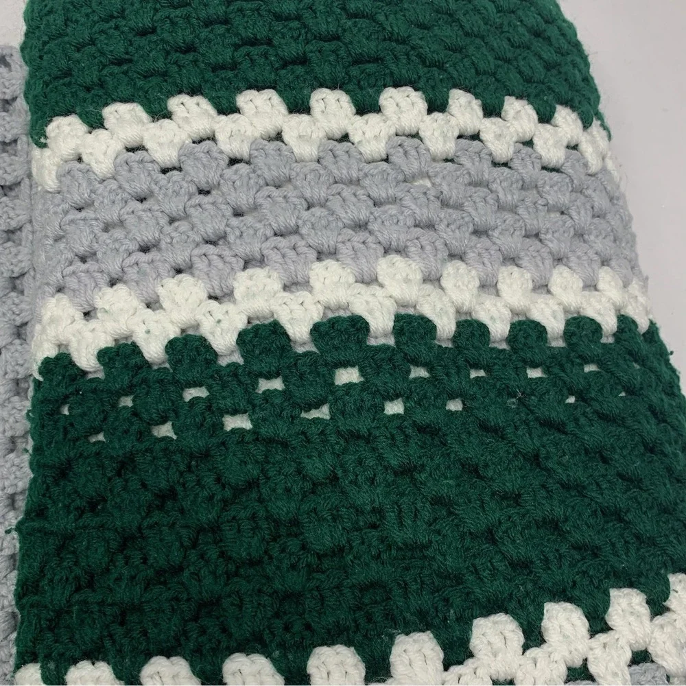 Vintage Handmade Crochet Afghan Blanket Green Gray White 65 X 65‎ Granny Square